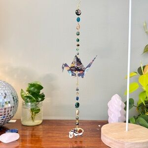 Origami Ornament #2349 - Large Crane with Cloissoné Elephant Pendant